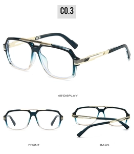 Three angles of retro blue gradient glasses with golden double bridge metal accents