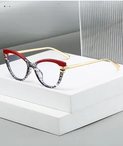 Detail of cat-eye glasses with burgundy and patterned frames on white geometric stand