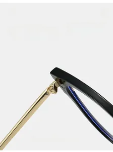 Detail of durable texture hinge and golden metal arm on cat eye glasses frame