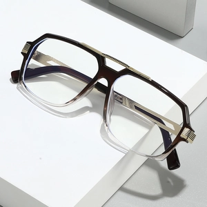 Fashionable double-bridge large frame glasses in gradient dark coffee and transparent finish
