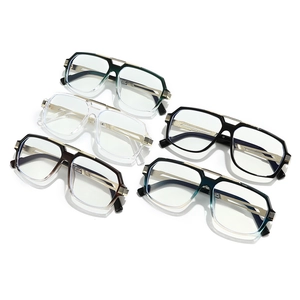 Five pairs of trendy double-bridge geometric glasses frames in various gradient colors