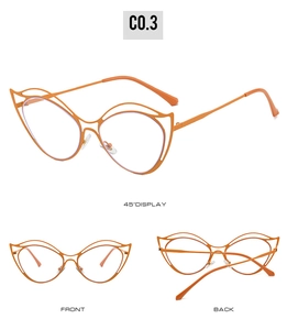 Cat-Eye Brillenrahmen mit orangem Doppellinien-Hohldesign in Vorder- und Rückansicht