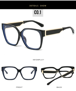 Vue détaillée des lunettes anti-lumière bleue carrées avec monture noire et branches dorées