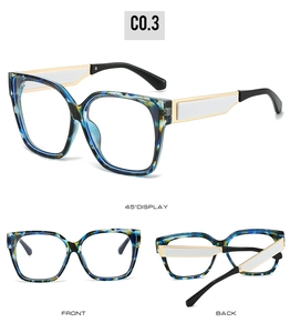 Trois vues de monture de lunettes carrée en tortue bleue avec des branches dorées