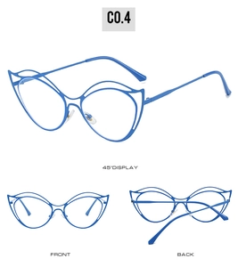 Blaue Metallbrille mit hohlem Cat-Eye-Design und drei verschiedenen Ansichtswinkeln