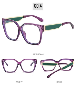 Trois perspectives de lunettes oversize violettes transparentes avec branches dorées