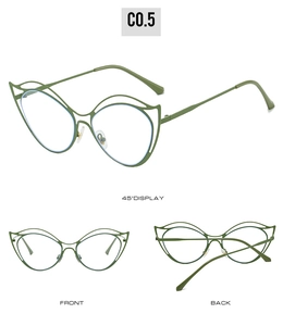 Detailansichten der olivgrünen Cat-Eye-Metallbrille mit hohlem Doppelschicht-Rahmendesign