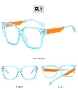 Vue sous trois angles de lunettes anti-lumière bleue transparentes avec détails orange