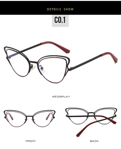 Detailed views of cat-eye anti-blue light glasses with black and red double-layer frame