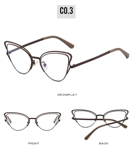 Three-way view of brown cat-eye glasses frame with stylish double-line rim design