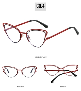 Detailed views showing the red cat-eye metal frame and layered rim design of the glasses