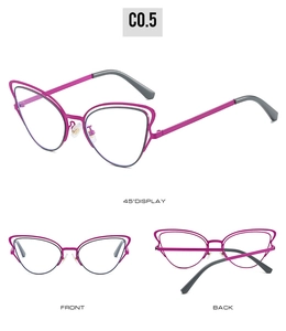Three-way view of rose pink cat eye glasses frames with grey temples, model C0.5