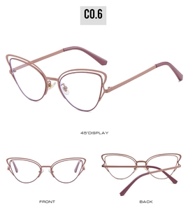 Detailed views of cat-eye blue light blocking glasses in matte pink metal finish