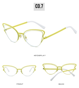 Detailed views of neon yellow cat-eye glasses frames with adjustable nose pads