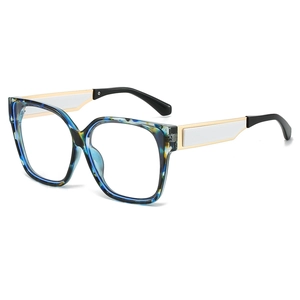 Lunettes anti-lumière bleue carrées en écaille bleue avec branches stylées dorées et blanches