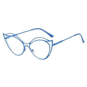 Blaue Katzenaugen-Metallbrille mit hohlen Linien und klaren Gläsern für Damen