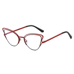 Fashionable red and black cat-eye glasses with blue light blocking lenses and metal frames