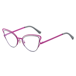 Magenta cat eye blue light blocking glasses with hollow metal frame and transparent lenses