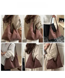 Detailed views of the large brown suede tote bag styled with modern autumn outfits