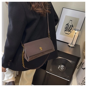 Close-up of a dark brown leather handbag with gold clasp and chain strap detail