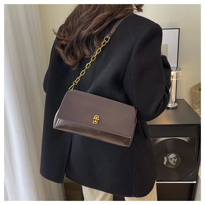 Close-up of vintage dark brown handbag with gold metal clasp and chain strap detail