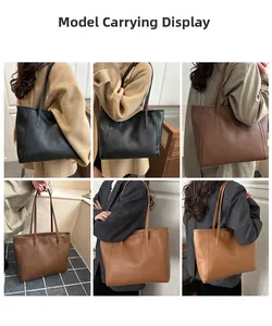 Multiple views of large capacity vintage tote bag in black, brown, and caramel colors