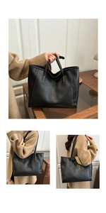 Three-way view of a large black faux leather tote bag showing display and styling on model