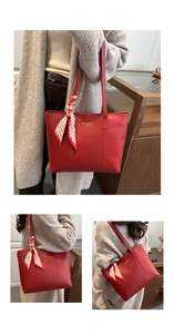 Large red tote bag with geometric scarf shown in various lifestyle and model views