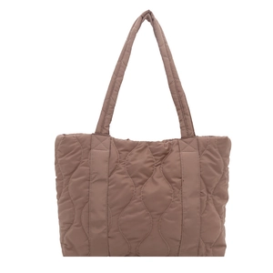 Quilted tote bag with wave stitching in deep khaki, large capacity nylon shoulder bag