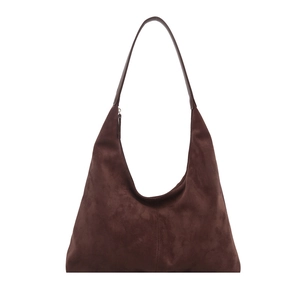 Retro deep brown suede Hobo shoulder bag with vertical stitching and smooth leather strap