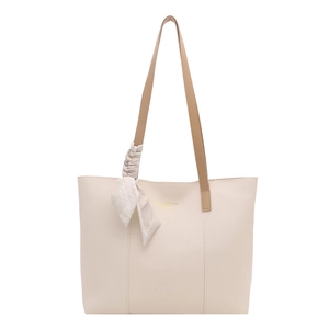 Grande borsa tote retrò in ecopelle crema con manici marroni e foulard in seta