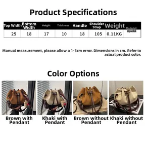 Detailed size chart and specifications for the women bucket bag with various color options