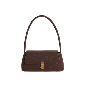 Borsa baguette retrò marrone scuro con texture vintage e chiusura in metallo dorato