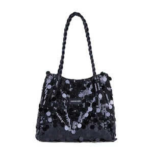 Chic black sequin tote bag with FASHION & BAGS leather label and braided shoulder strap