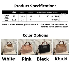 Detailed size chart for minimalist plush bucket bag with dimensions and color options