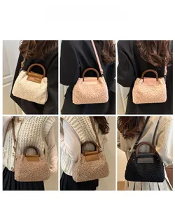 Plush leopard print crossbody bags in six colors with elegant round wooden handles