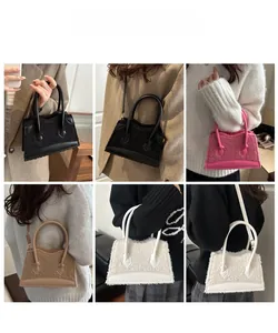 Multiple ways to wear the plush lamb wool crossbody bag showing different colors