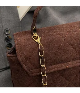 Macro detail of golden hardware hook and dark brown quilted texture on the luxury bucket bag