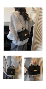 Detailed views of a black quilted crossbody bag with gold lock and chain strap