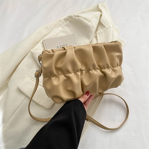 Chic beige ruched cloud bag in soft PU leather with thin shoulder strap for women