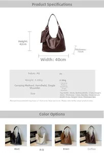 Detailed size specifications and material info for the large capacity PU leather tote bag