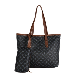 Ensemble sac cabas vintage avec motif géométrique bleu et anses marron pour femme