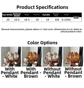 Detailed size chart and color options for velvet drawstring bucket bag with dimensions