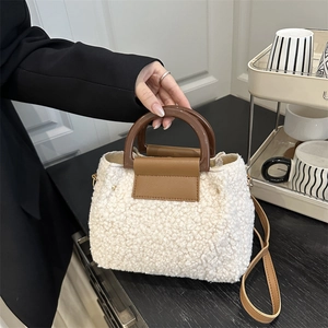 Plush Faux Lamb Wool Crossbody Bag Women Small Bucket Handbag With Wood Handle Vintage Casual Textured Shoulder Bag
