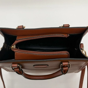 Classic brown textured PU leather tote bag with interior zipper divider and gold hardware