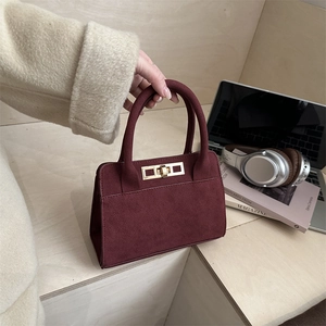 Women Faux Suede Handbag With Gold Twist Lock Versatile Trapezoid Crossbody Bag Minimalist Retro Top Handle Bag Office Daily
