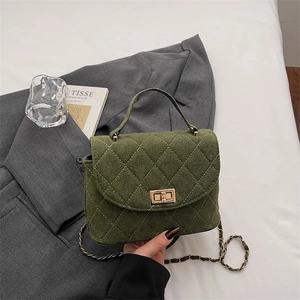 Women Quilted Rhomboid Handbag Velvet Suede Feel Chain Crossbody Bag Retro Turn-Lock Small Square Shoulder Bag
