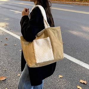 Khaki suede tote bag with white fleece trim and large capacity for winter daily use