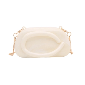 Elegant acrylic marble evening bag with a C-shaped handle and gold metal chain strap