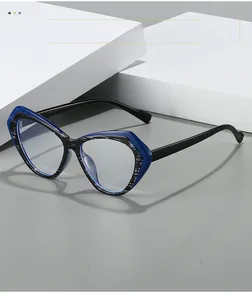 Close-up of cat-eye frames featuring blue outer layers and black-and-white textured inner rings